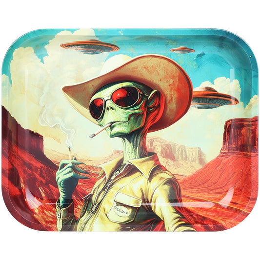 Smoke Drop Pulsar Design Series Large Metal Rolling Tray - Cowboy Alien / 13"x11" - Home & Garden > Decor > Decorative Trays