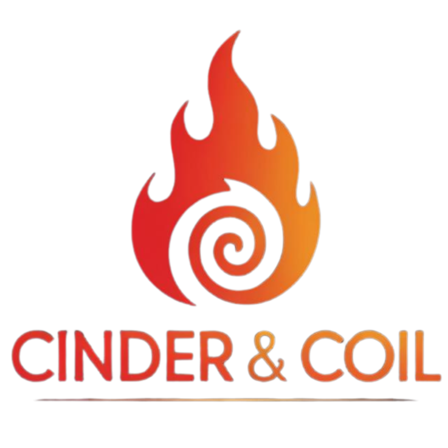 Logo of 'Cinder & Coil' with a flame design on a white background