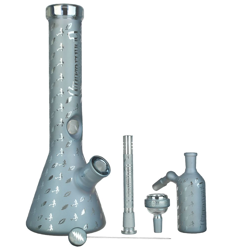 Smoke Drop Grateful Dead x Pulsar Bolts And Skellies Glass Beaker Water Pipe Set | 13.75" | 14mm F - Home & Garden > Smoking Accessories