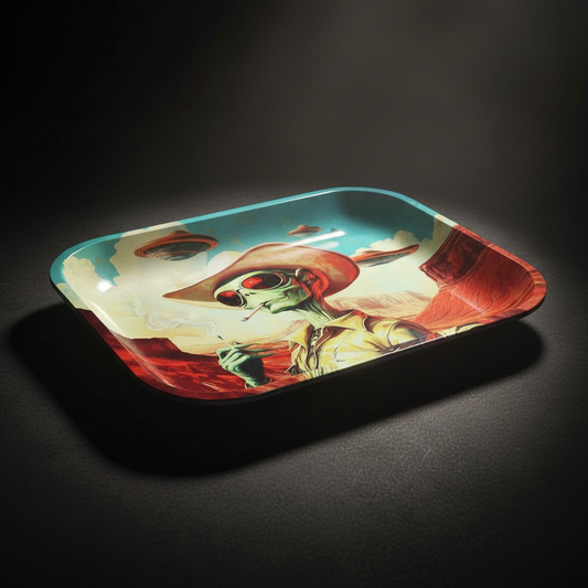 Smoke Drop Pulsar Design Series Large Metal Rolling Tray - Cowboy Alien / 13"x11" - Home & Garden > Decor > Decorative Trays